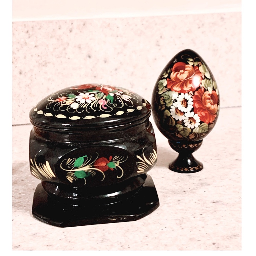 Rare Set! Russian Hand Painted Egg & Jewelry Box